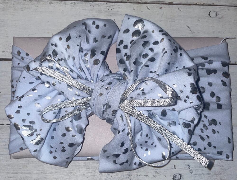 Baby Messy Wrap Bow Headband 15” Light Blue Shimmer Stretchy Knit